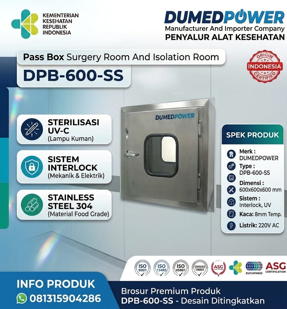 Beli Pass Box Surgery & Isolation Room DPB-600-SS DUMEDPOWER. Bahan Stainless Steel 304, Sistem Interlock, Lampu UV, garansi 1 tahun & izin KEMENKES RI. Hubungi 081315904286.